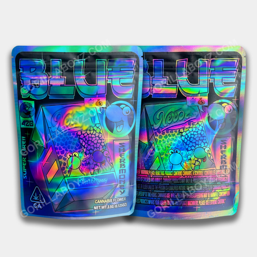 Blue Sherbmoney Holographic Mylar Bag 3.5 Grams | Ziplocks