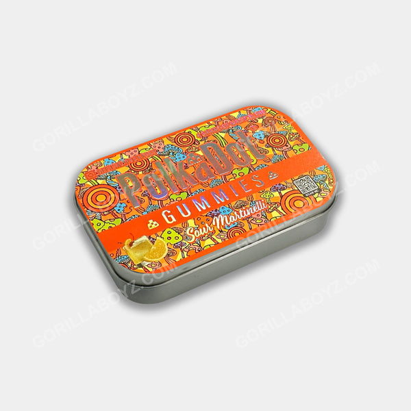 Sour Martinelli gummies tin can packaging