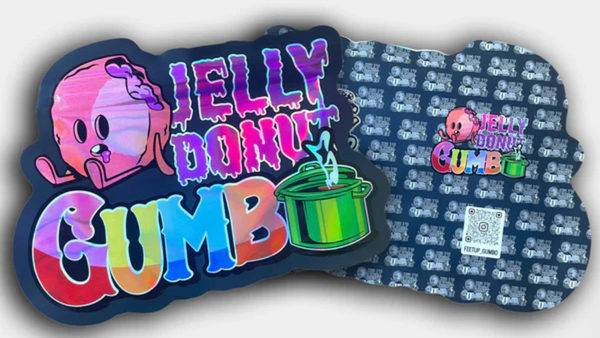 Holographic sticker design featuring a cartoon jelly donut character next to the bold, colorful text 'Jelly Donut Gumbo' and a green pot with liquid pouring in. Background includes a repeating logo pattern and a QR code linking to @feetup_gumbo.