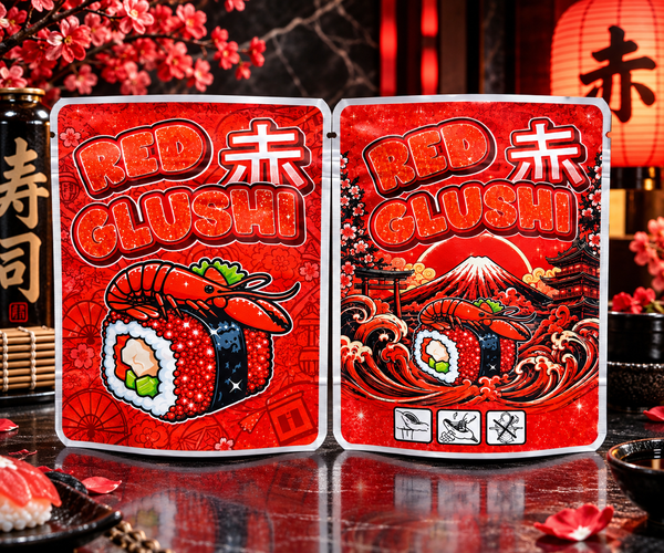 Red Glushi Custom 3.5G Sticker Mylar Bag