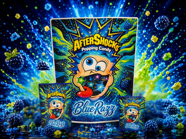 After Shocks Blue Razz Popping Candy CUSTOM STICKER Combo Pack Mylar Bag Set – 32 (3.5g), 16 (1oz), 1 (1lb) 11