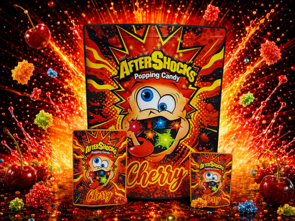 After Shocks Cherry Popping Candy CUSTOM STICKER Combo Pack Mylar Bag Set – 32 (3.5g), 16 (1oz), 1 (1lb) 11