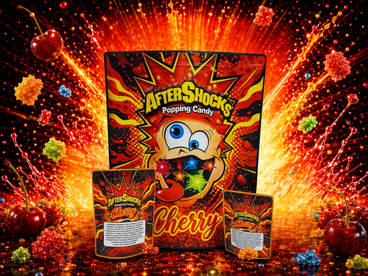 After Shocks Cherry Popping Candy CUSTOM STICKER Combo Pack Mylar Bag Set – 32 (3.5g), 1 (1lb), 16 (1oz)