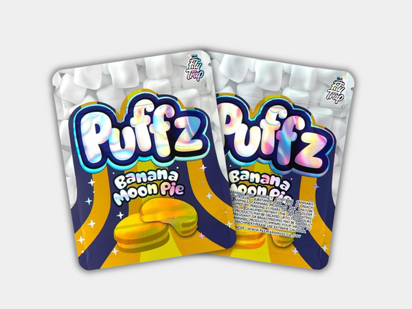 Banana Moon Pie Puffz Mylar bag designed for 3.5 grams. This smell-proof packaging preserves potency. Features a dessert-inspired design for secure storage.