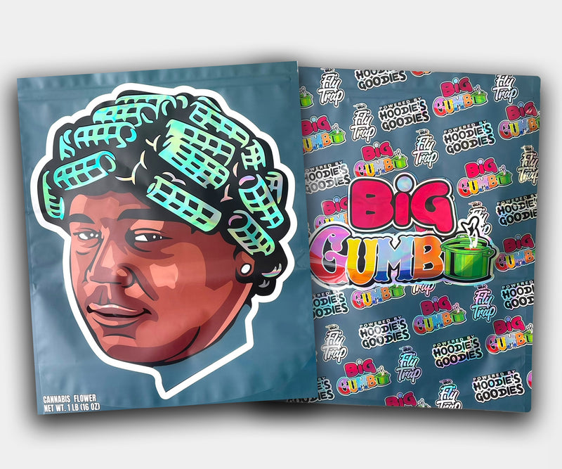 Front and back of Big Worm Gumbo 1lb mylar bag featuring a cartoon-style character with hair rollers, bold “Big Gumbo” logo, and an all-over branded print from Fly Trap and Hoodie’s Goodies.