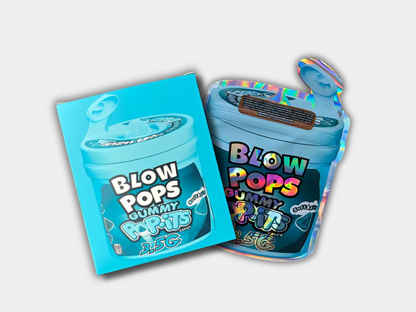A Blow Pops Gummy Pop Mylar bag designed for 3.5 grams, with a box. This smell-proof packaging locks in potency. Secure storage with a candy-inspired design.