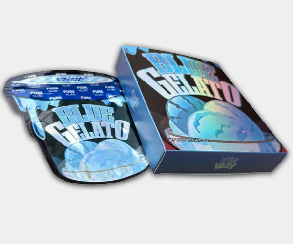 Blue Gelato Holographic Mylar bag designed for 3.5g, with a box. This smell-proof packaging preserves potency. Features holographic design for secure storage.