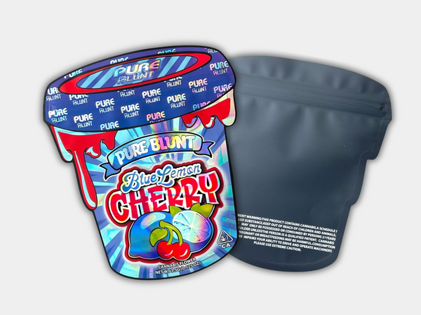 Blue Lemon Cherry Mylar bag designed for 3.5 grams. This smell-proof packaging preserves potency while showcasing a fruity-inspired design for secure storage.