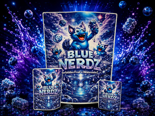 Blue Nerdz CUSTOM STICKER Combo Pack Mylar Bag Set – 32 (3.5g), 16 (1oz), 1 (1lb)111