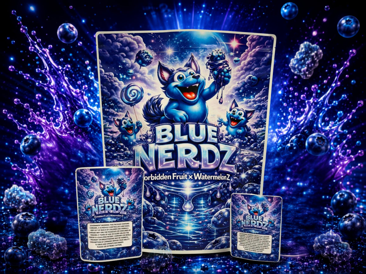 Blue Nerdz CUSTOM STICKER Combo Pack Mylar Bag Set – 32 (3.5g), 1 (1lb), 16 (1oz)