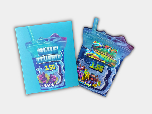 Blue Zlushie Mylar bag designed for 3.5 grams, with a box. This smell-proof packaging locks in potency. Features a slushie-inspired design for secure storage.