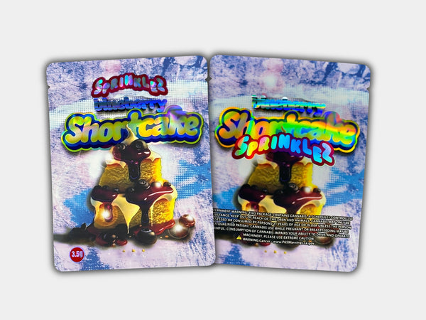 A stylish Blueberry Shortcake Sprinkles-themed Mylar bag designed to hold 3.5 grams. This bag ensures lasting freshness while adding a fun and vibrant touch.