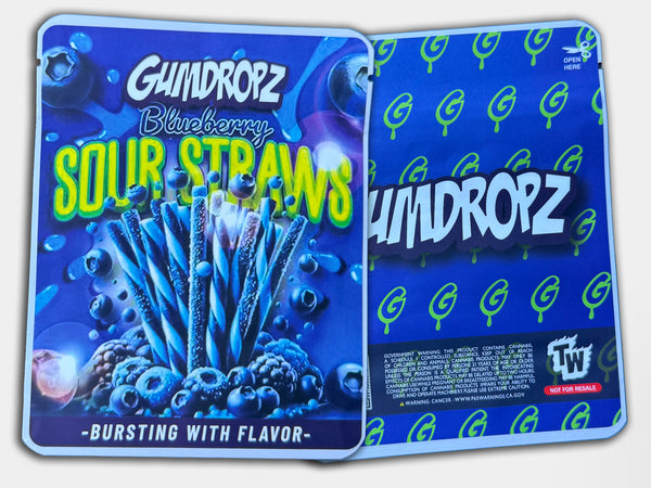 Blueberry Sour Straws Gumdropz Mylar Bag 3.5 Grams (Label & Authenticity Stickers Included)