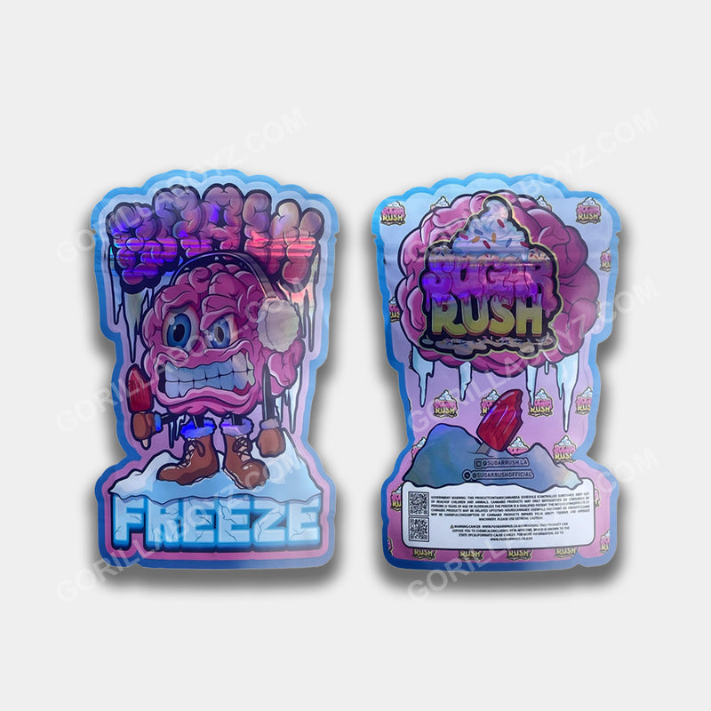 The smell-proof Brain Freeze Mylar bag designed for 3.5 grams. It ensures freshness and potency while featuring an urban-inspired design for secure storage.