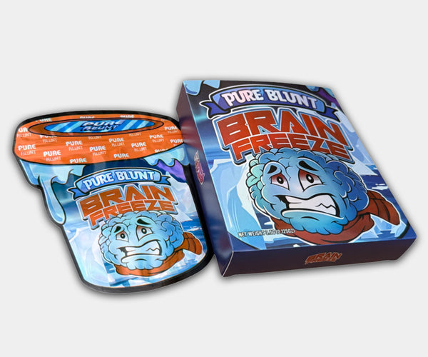 Brain Freeze in the world Holographic Mylar bag designed for 3.5g, with a box. This smell-proof packaging preserves potency. Features holographic design for secure storage.