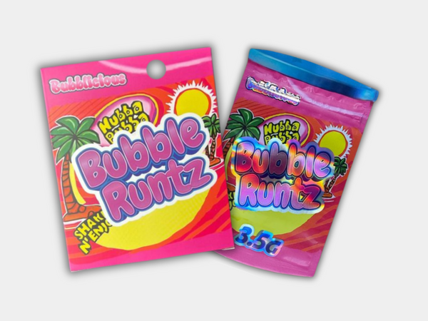 A Bubble Runtz Mylar bag designed for 3.5 grams, with a box. This smell-proof packaging preserves potency. Has a bubblegum-inspired design for secure storage.