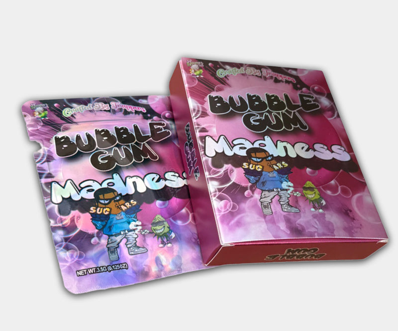 Bubblegum Madness Holographic Mylar bag designed for 3.5g, with a box. This smell-proof packaging preserves potency. Features holographic design for secure storage.