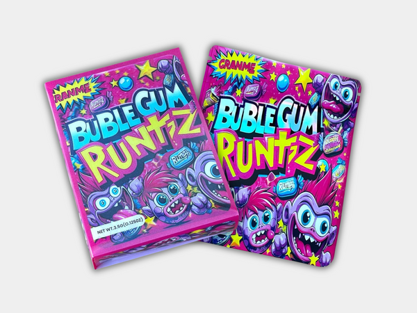A Bubblegum Runtz Mylar bag for 3.5 grams, with a box. This smell-proof packaging locks in potency. Showcasing a bubblegum-inspired design for secure storage.