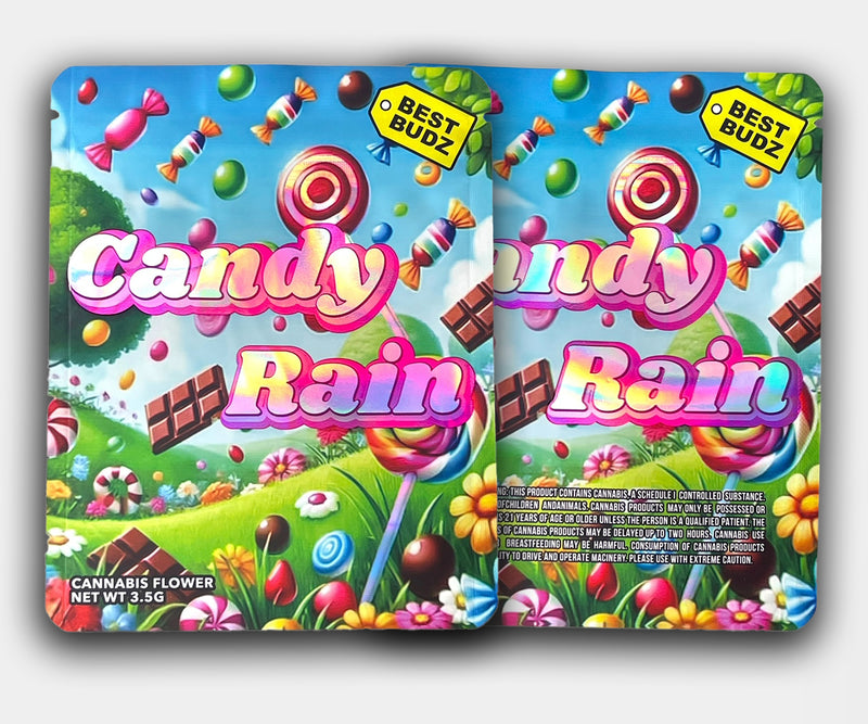 Front and back of Candy Rain mylar bag showing colorful candy falling over a grassy landscape, with chocolate bars, lollipops, and flowers, labeled 3.5G and branded by Best Budz.