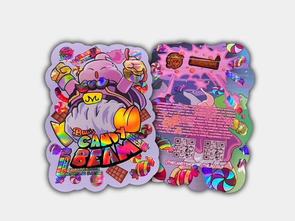 A colorful Candy Beam-themed Mylar bag, sized for 3.5 grams. Smell-proof, resealable, and designed to maintain product freshness and quality.