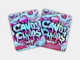 A Candy Clouds Mylar bag for 3.5 grams, with a box, Front & Back. This smell-proof packaging preserves potency. Features a candy-inspired design for secure storage.