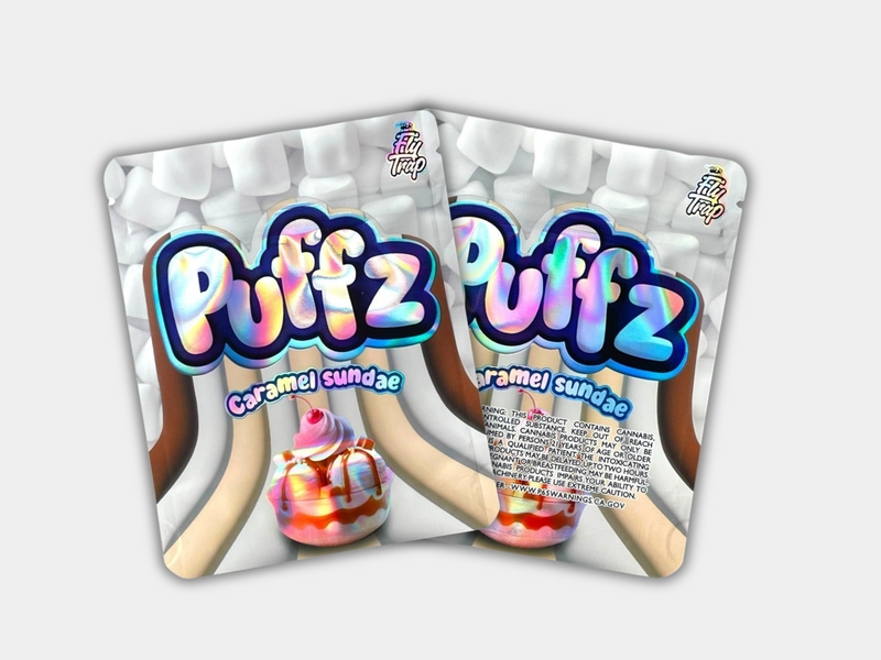 Caramel Sundae Pie Puffz Mylar bag designed for 3.5 grams. This smell-proof packaging locks in potency. Features a dessert-inspired design for secure storage.