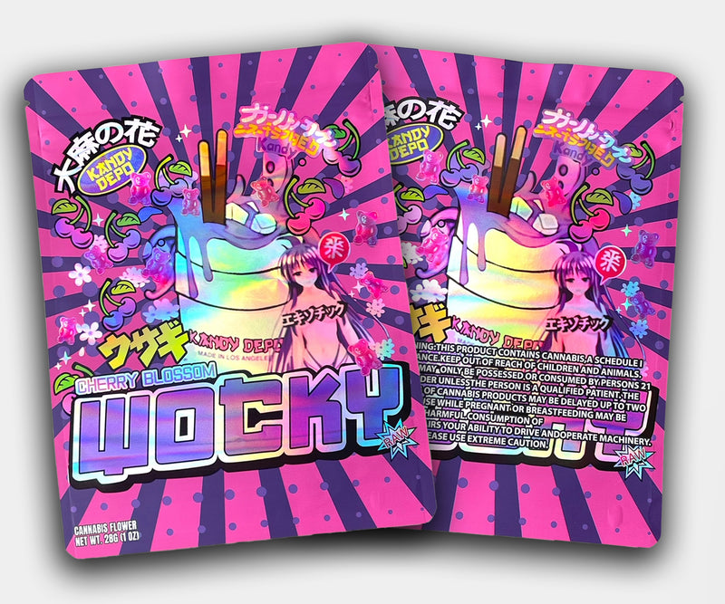 Front and back of Cherry Blossom Wocky mylar bag in a 1oz size, featuring anime girl artwork, holographic candy milkshake, cherry blossoms, and “Wocky” branding in colorful text.