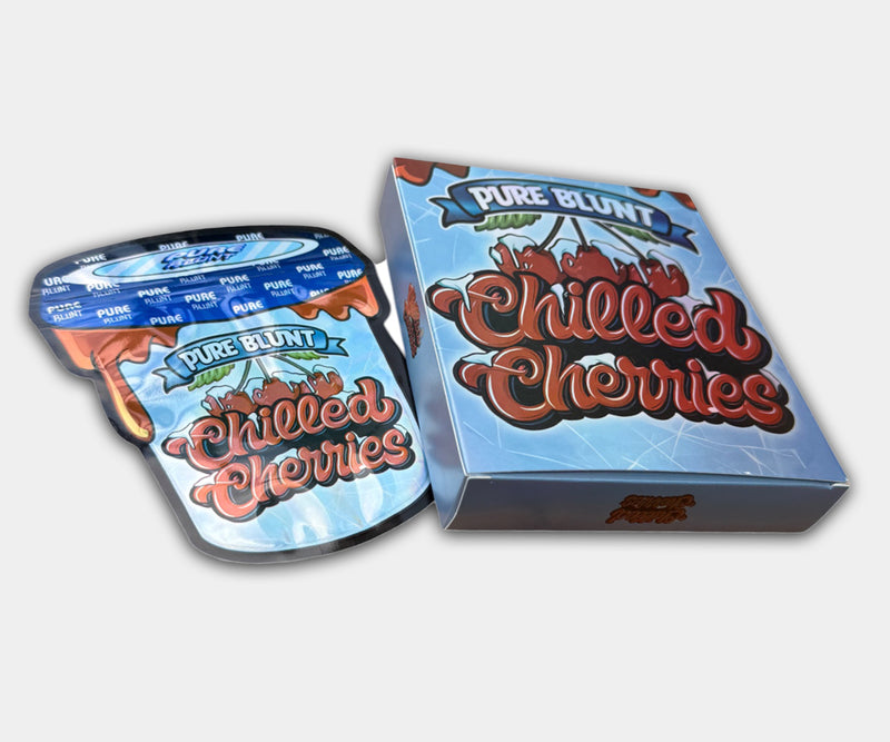 Chilled Cherries Holographic Mylar bag designed for 3.5g, with a box. This smell-proof packaging preserves potency. Features holographic design for secure storage.