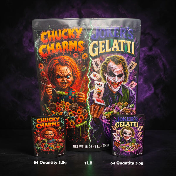 HALLOWEEN CUSTOM STICKER Combo Pack Mylar Bag Set – 64 each design (3.5g), 1 (1lb) Total 128 3.5g bags and 1 Pound Bag