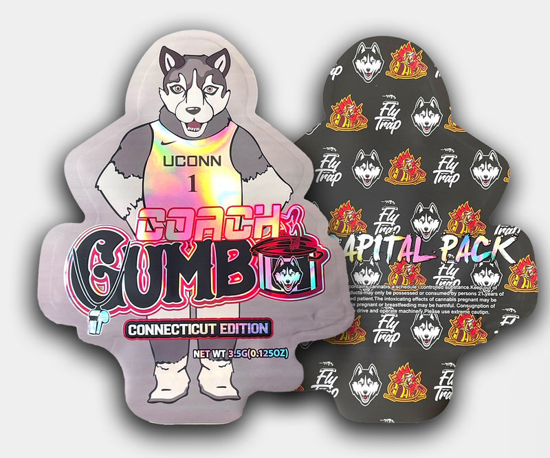 Empty Coach Gumbo UConn mylar bag with a holographic husky mascot in a basketball jersey on the front, and Fly Trap Capital Pack branding on the back, labeled as a 3.5G cannabis-style bag.