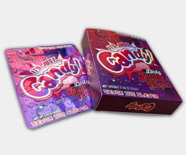 Dirty Zhirley Temple Holographic Mylar bag designed for 3.5g, with a box. This smell-proof packaging preserves potency. Features holographic design for secure storage.