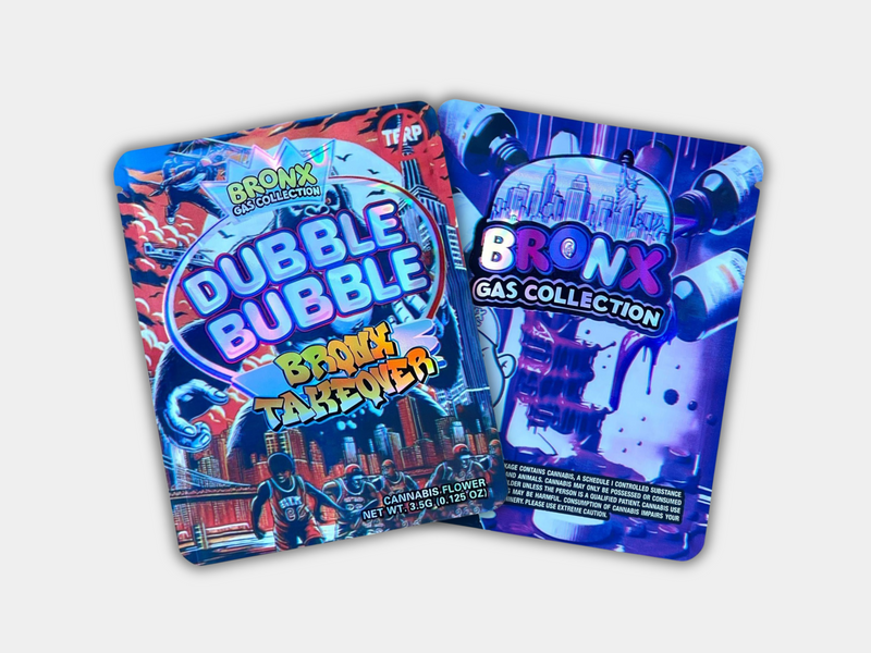 Dubble Bubble Bronx Takeover Mylar bag for 3.5 grams. This smell-proof packaging preserves potency, featuring a bubblegum-inspired design for secure storage.