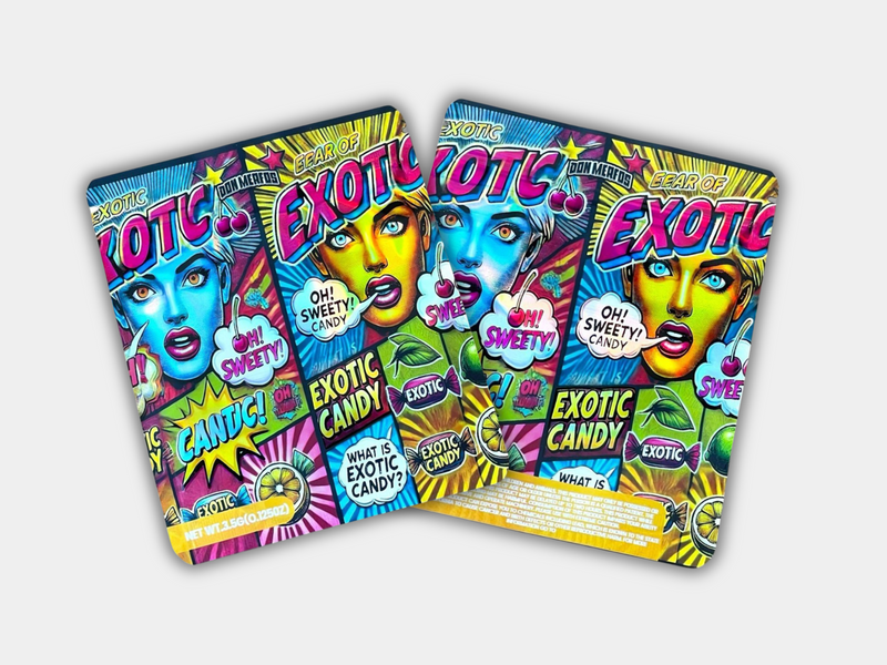 Exotic Candy Mylar bag for 3.5 grams, with a box. Front & Back. Smell-proof packaging. Locks in potency. Features a candy-inspired design for secure storage.
