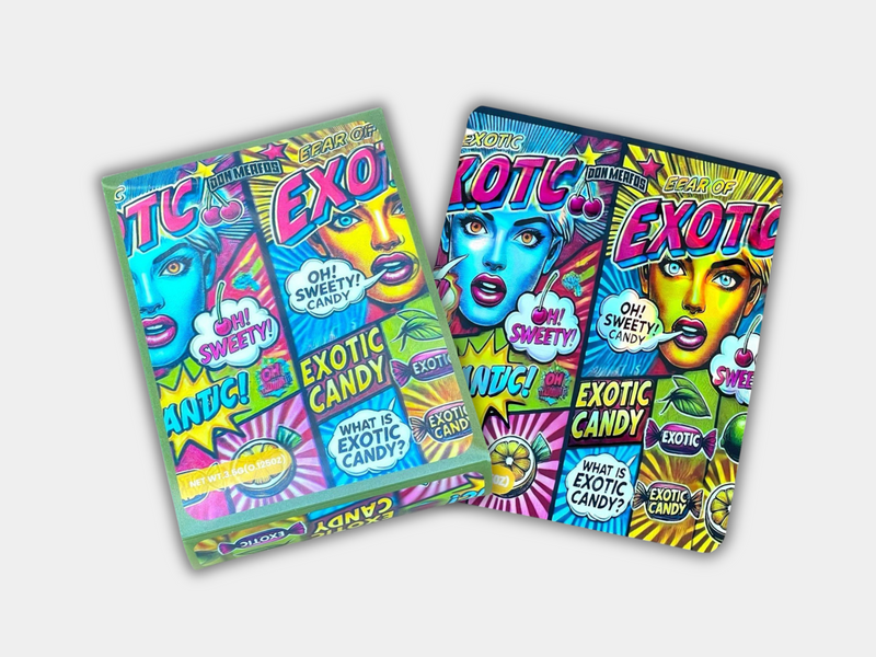 An Exotic Candy Mylar bag for 3.5 grams, with a box. This smell-proof packaging locks in potency while featuring a candy-inspired design for secure storage.