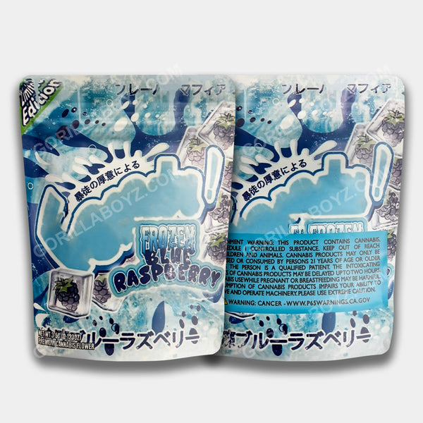 Premium Fannttaa Frozen Blue Raspberry Mylar bag designed for 3.5 grams. This smell-proof bag preserves freshness and potency while offering secure storage.