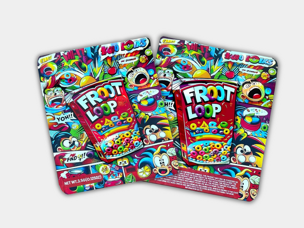 A Froot Loops Mylar bag for 3.5 grams, with a box. Front & Back. This smell-proof packaging preserves potency while featuring a cereal-inspired design for secure storage.