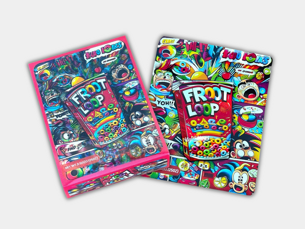 A Froot Loops Mylar bag for 3.5 grams, with a box. This smell-proof packaging preserves potency while featuring a cereal-inspired design for secure storage.