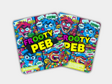 A Frooty Peb Mylar bag designed for 3.5 grams, with a box. Front & Back. This smell-proof packaging preserves potency. Featuring a unique design for secure storage.