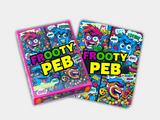 A Frooty Peb Mylar bag designed for 3.5 grams, with a box. This smell-proof packaging preserves potency. Featuring a unique design for secure storage.