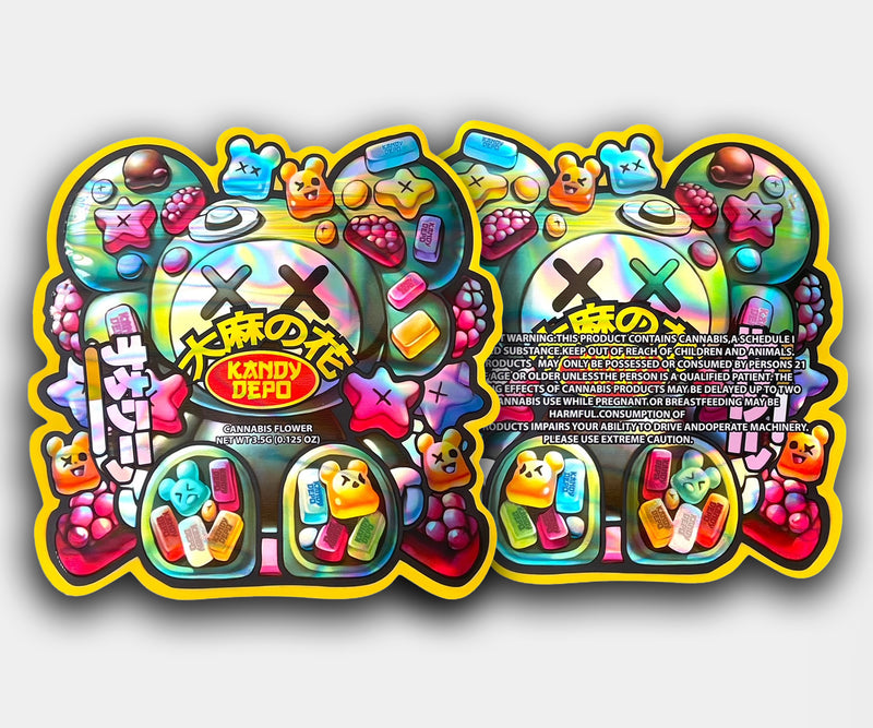 Front and back of the Gummy Bearz mylar bag featuring a holographic bear character with X-eyes, surrounded by colorful candy, capsules, stars, and gummy bears, with bold yellow edging.