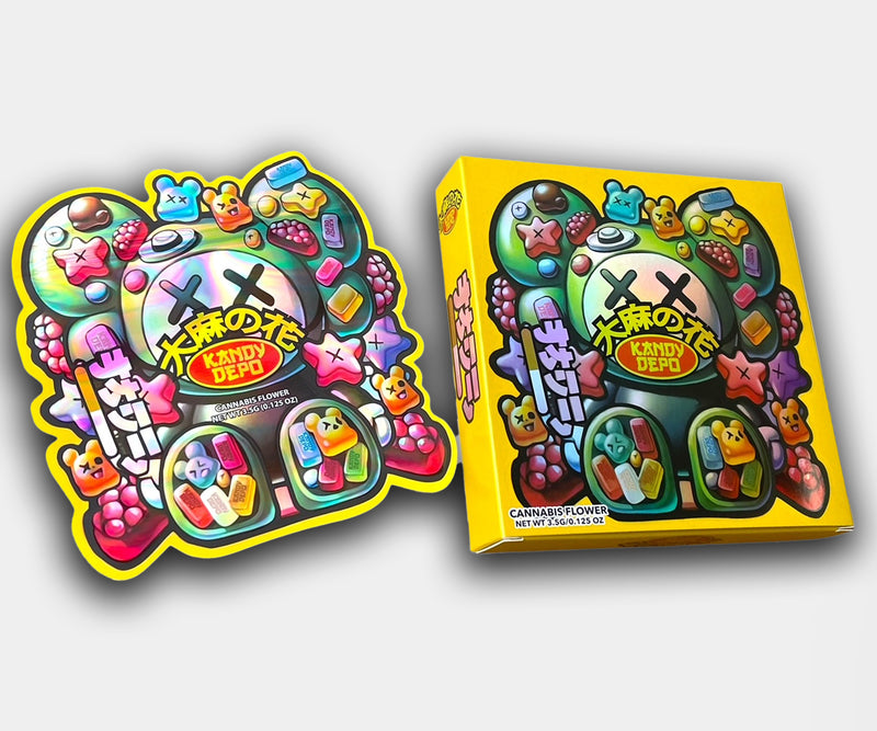 Empty Kandy Depo cannabis-style mylar bag and box with bright yellow design, featuring an X-eyed mascot surrounded by colorful cartoon gummies, pills, and star shapes.