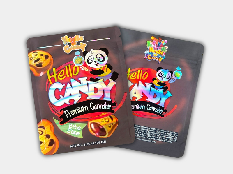 Hello Candy Premium Cannabis Mylar bag designed for 3.5 g. This smell-proof packaging locks in potency. Features a candy-inspired design for secure storage.