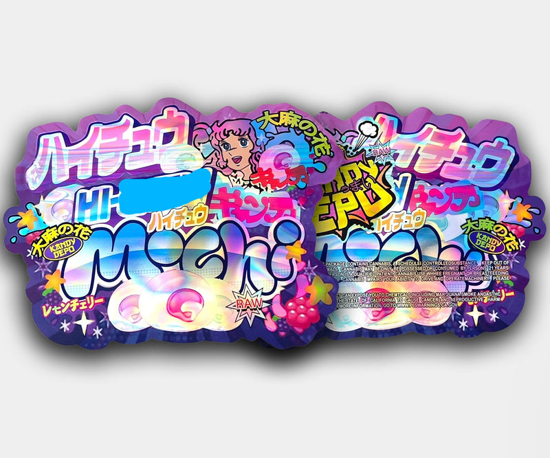 Front and back of Hye_Cheww Mochi mylar bag with anime-style artwork, mochi candy visuals, Lemon Cherry flavor text, and vibrant purple and pink theme.