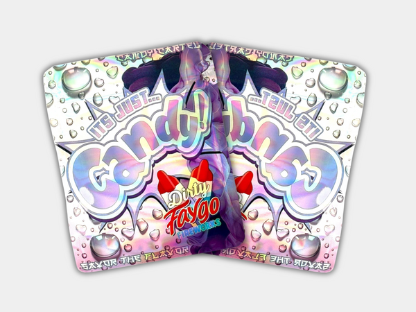 It’s Just Candy Dirty Faygo Mylar bag designed for 3.5 g. This smell-proof packaging preserves freshness. Features a soda-inspired design for secure storage.