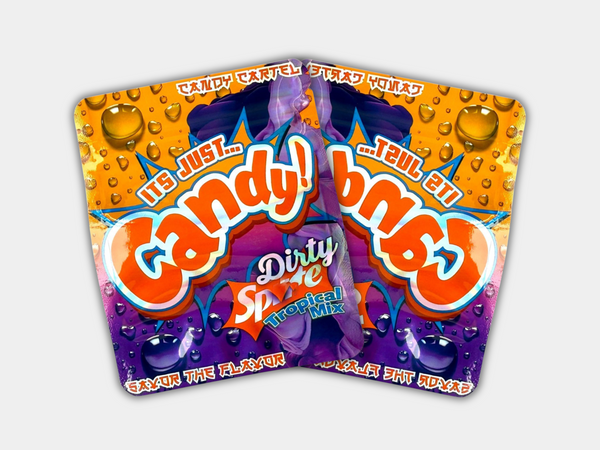 It’s Just Candy Dirty Sprite Mylar bag designed for 3.5 g. This smell-proof packaging locks in potency. Features a soda-inspired design for secure storage.