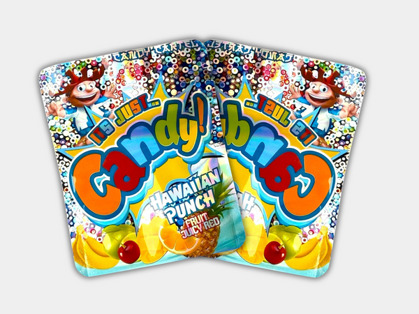 It’s Just Candy Hawaiian Punch Mylar bag designed for 3.5 g. This smell-proof packaging preserves freshness. Features a soda-inspired design for secure storage.