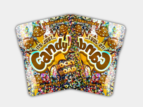 It’s Just Candy Rocky Road Mylar bag designed for 3.5 g. This smell-proof packaging preserves potency. Features a dessert-inspired design for secure storage.