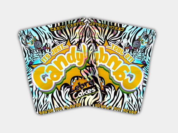 It’s Just Candy Zebra Cakes Mylar bag designed for 3.5 g. This smell-proof packaging preserves potency. Featuring a snack-inspired design for secure storage.