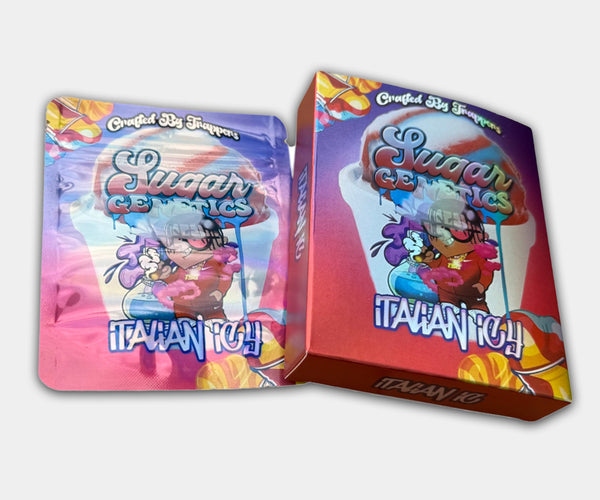 Italian Icy Holographic Mylar bag designed for 3.5 g, with a box. This smell-proof packaging preserves potency. Features a holographic design for secure storage.