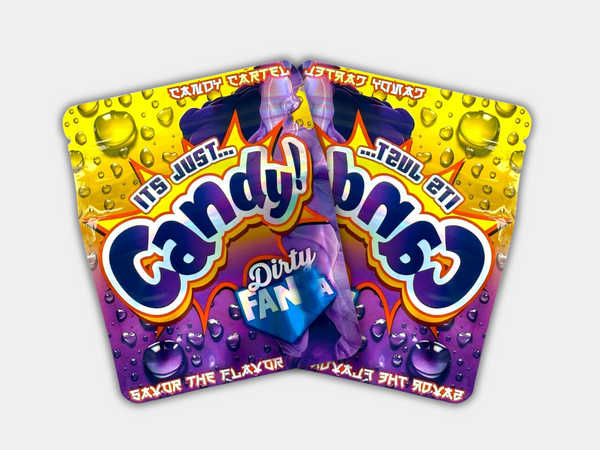 It’s Just Candy Dirty Fanta Mylar bag designed for 3.5 grams. This smell-proof packaging locks in potency. Features a soda-inspired design for secure storage.